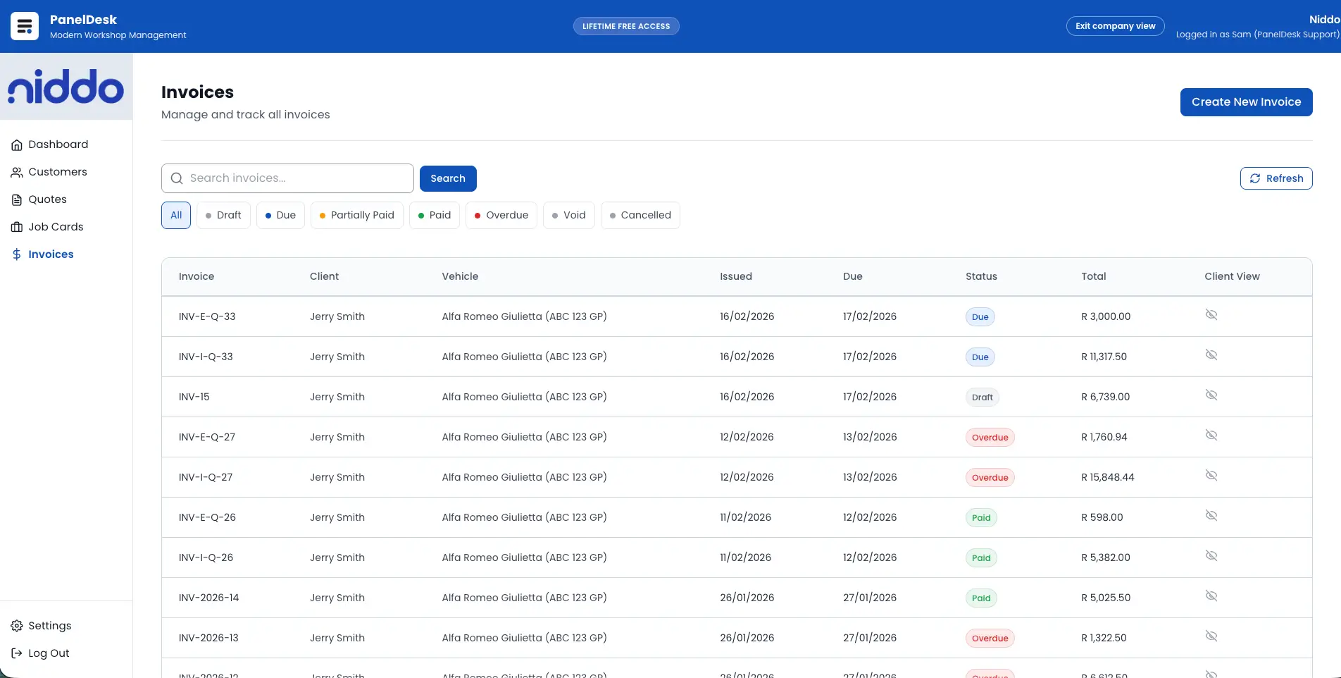 Invoice list view screenshot