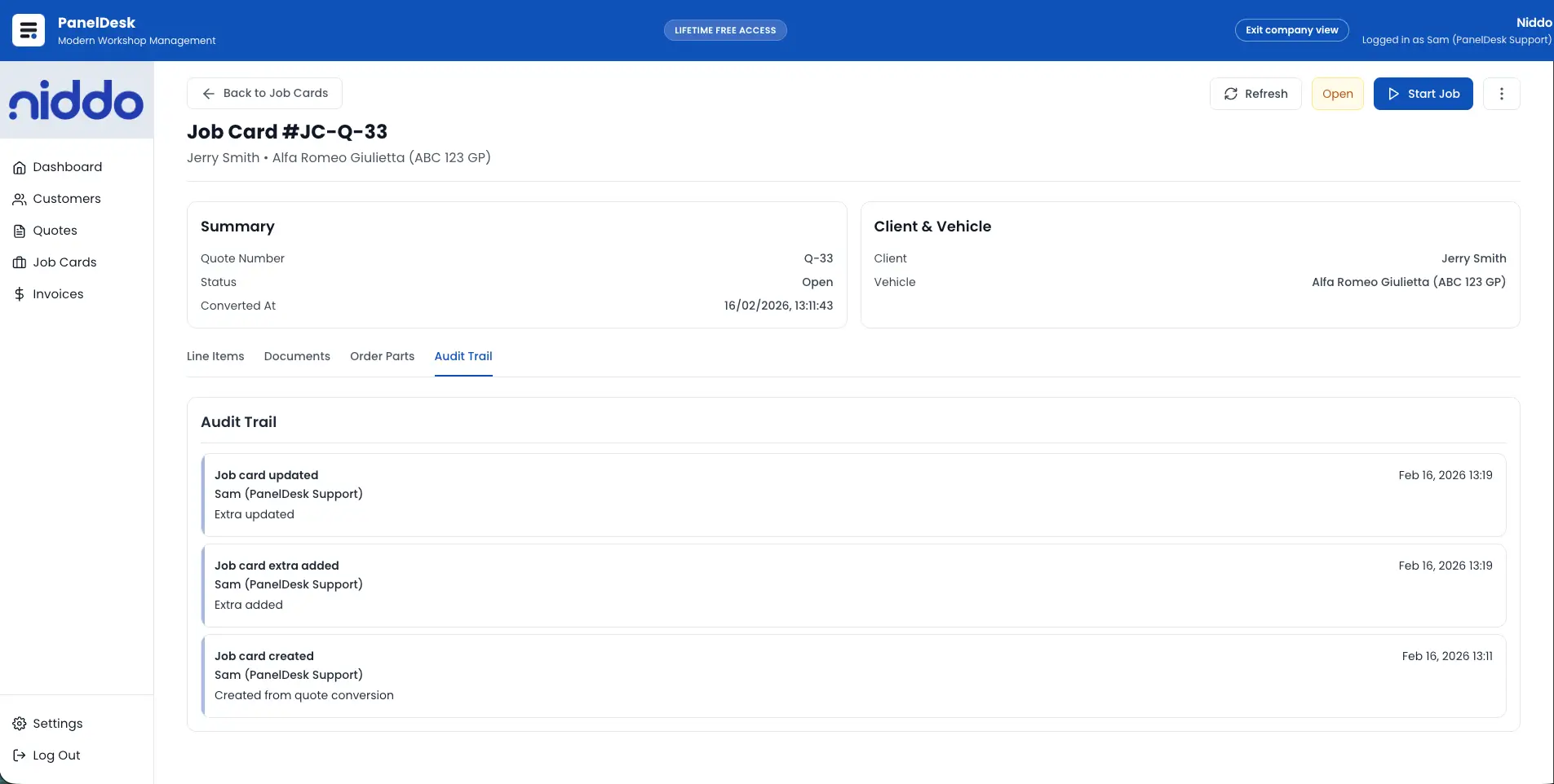 Job history timeline view screenshot