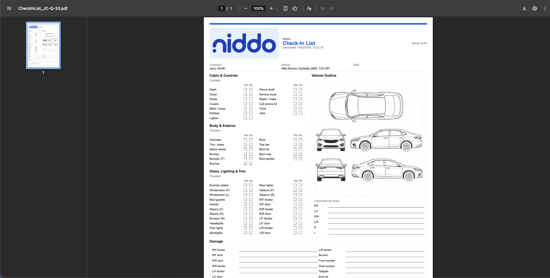 Vehicle handover checklists view screenshot