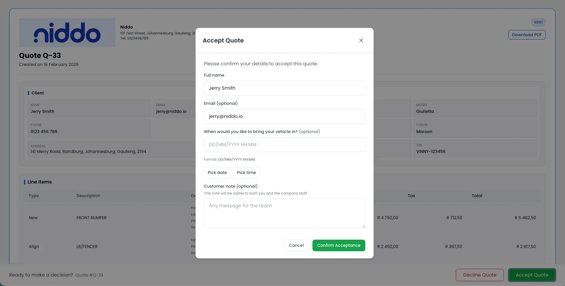 PanelDesk customer quote response screen with accept and decline actions