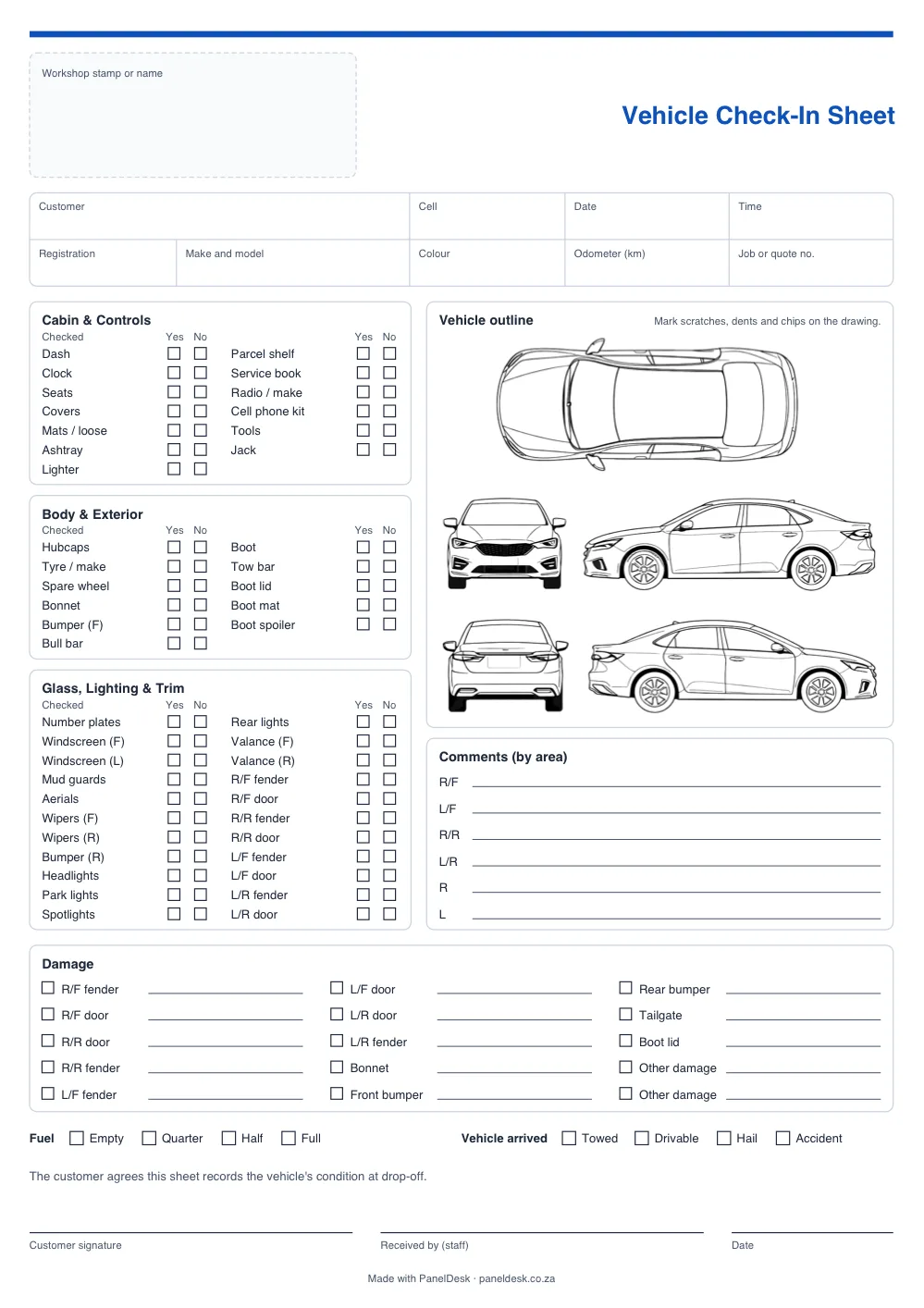 The blank vehicle check-in sheet: a box for the workshop stamp, customer and vehicle details, tick boxes for the cabin, body and glass, a car drawing for marking damage, a damage list, fuel and how the car arrived, and signature lines.