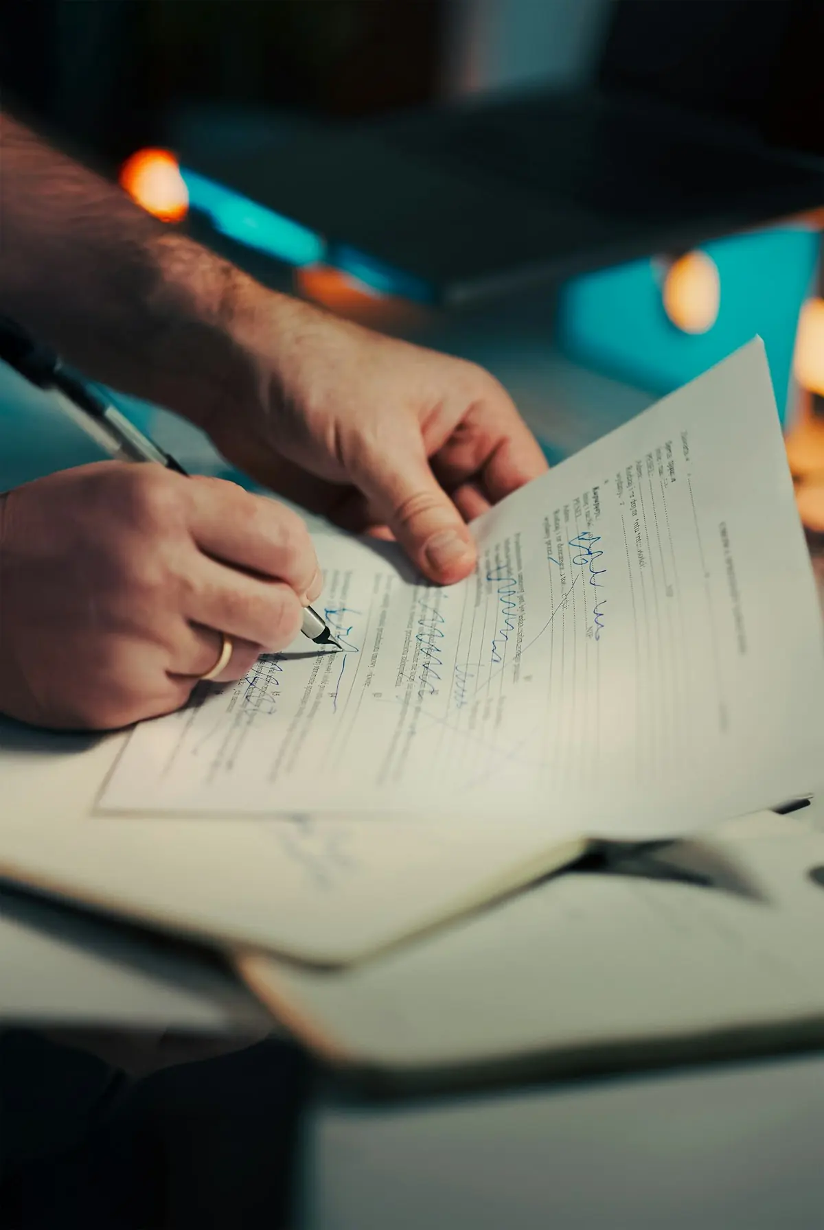 Close-up of a hand signing a printed document with a pen
