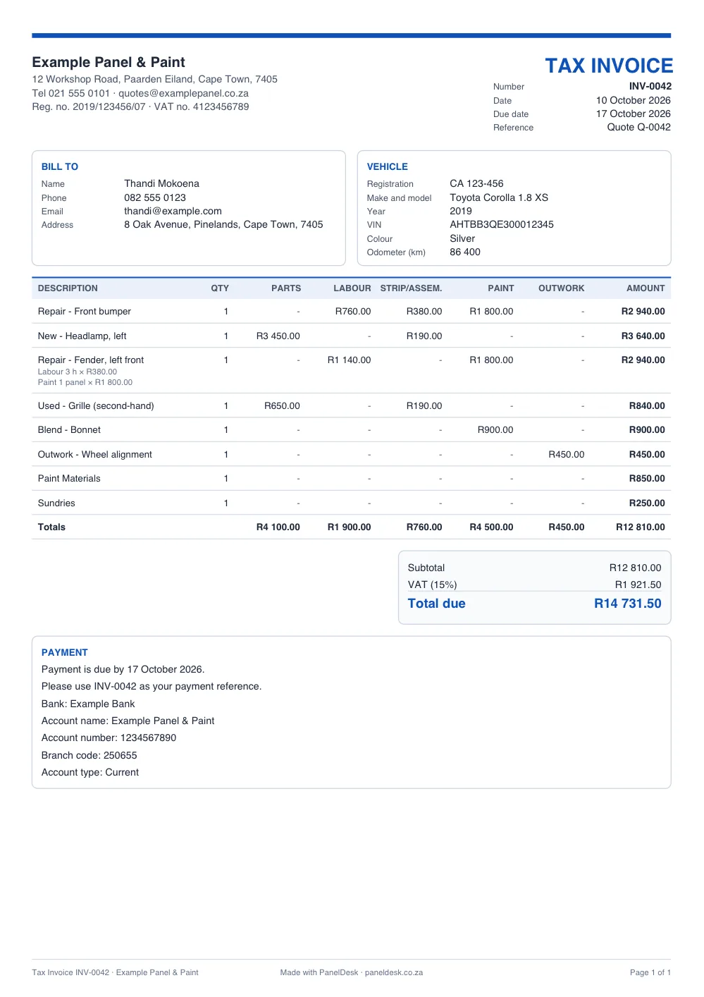 An example panel beater tax invoice made with the template: workshop details with VAT number, customer and vehicle, lines with parts, labour, strip and assemble, paint and outwork, totals with VAT, and banking details.